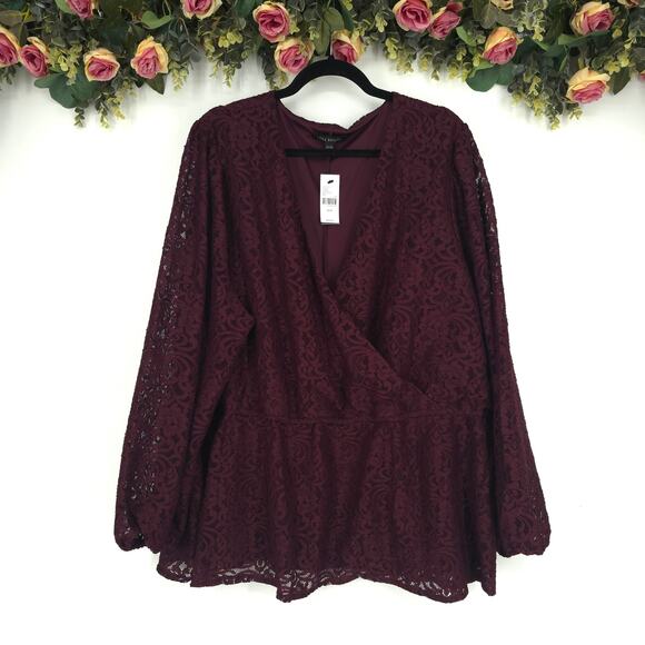 Lane Bryant Wine Colored Lace Surplice Peplum Blouse Size 26/28 NWT - Picture 1 of 9